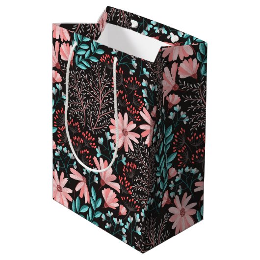 Roze en Blauwgroen, donkere Floral Patroon Medium Cadeauzakje (Achterkant Gekanteld)
