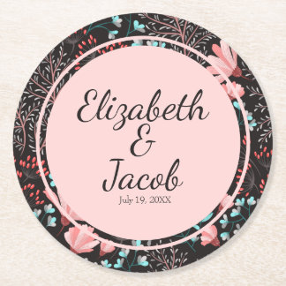 Roze en Blauwgroen, donkere Floral Patroon Ronde Kartonnen Onderzetter