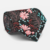 Roze en Blauwgroen, donkere Floral Patroon Stropdas (Opgerold)