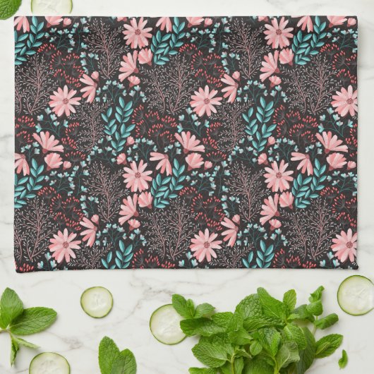 Roze en Blauwgroen, donkere Floral Patroon Theedoek (Gevouwen)