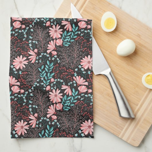 Roze en Blauwgroen, donkere Floral Patroon Theedoek (Quarter Fold)