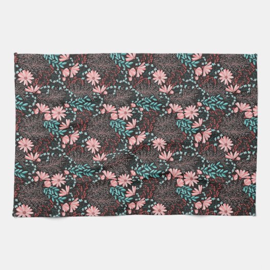 Roze en Blauwgroen, donkere Floral Patroon Theedoek (Horizontaal)