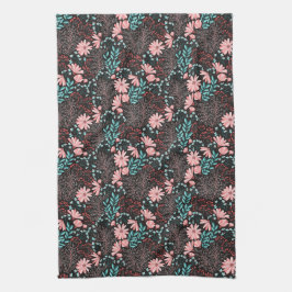 Roze en Blauwgroen, donkere Floral Patroon Theedoek