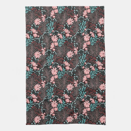 Roze en Blauwgroen, donkere Floral Patroon Theedoek (Verticaal)