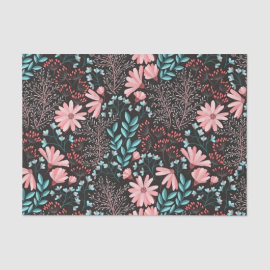 Roze en Blauwgroen, donkere Floral Patroon Tissuepapier (Voorkant)