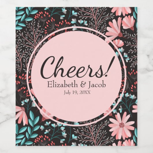 Roze en Blauwgroen, donkere Floral Patroon Wijn Etiket (Enkel label)