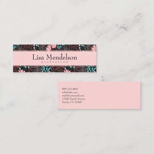 Roze en Blauwgroen, donkere Floral Pattern Busines Mini Visitekaartje (Voorkant / Achterkant)