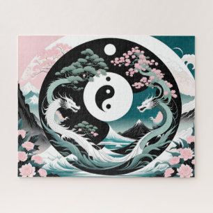 Roze en Blauwgroen Draken Aziatisch Landschap yin Legpuzzel