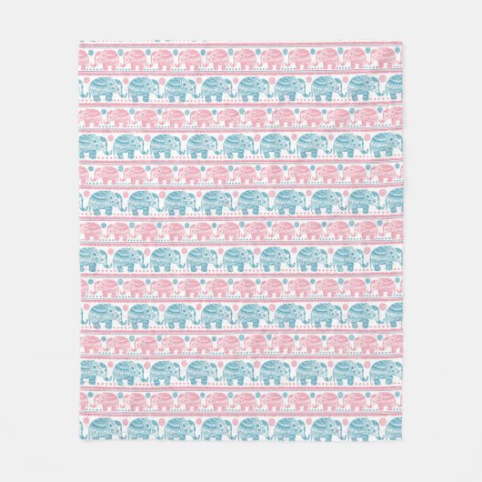 Roze en Blauwgroen etnisch olifantenpatroon Fleece Deken (Voorkant)