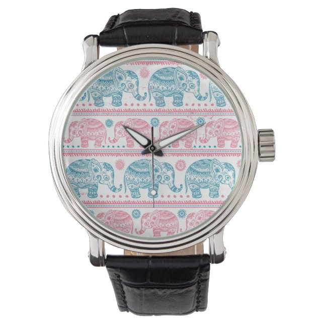Roze en Blauwgroen etnisch olifantenpatroon Horloge (Voorkant)