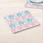 Roze en Blauwgroen etnisch olifantenpatroon Kartonnen Onderzetters (Schuin)