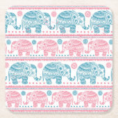 Roze en Blauwgroen etnisch olifantenpatroon Kartonnen Onderzetters (Voorkant)