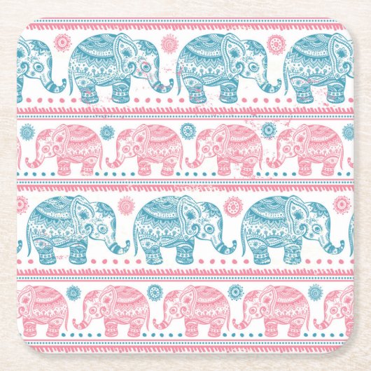 Roze en Blauwgroen etnisch olifantenpatroon Kartonnen Onderzetters (Voorkant)