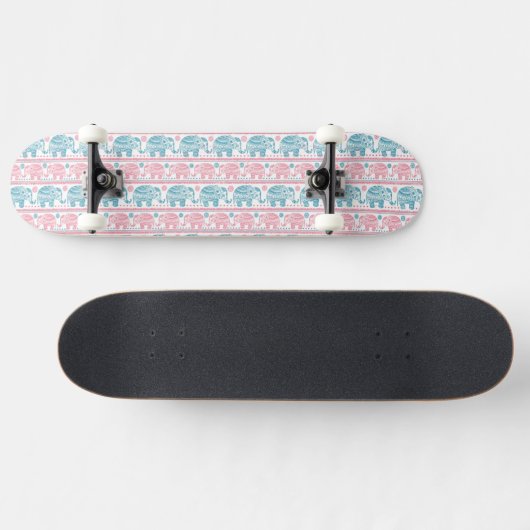 Roze en Blauwgroen etnisch olifantenpatroon Skateboard (Horizontaal)