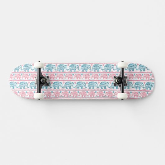 Roze en Blauwgroen etnisch olifantenpatroon Skateboard (Horizontaal)