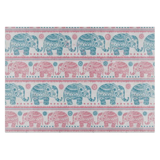 Roze en Blauwgroen etnisch olifantenpatroon Snijplank (Voorkant)