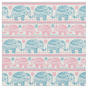 Roze en Blauwgroen etnisch olifantenpatroon Stof