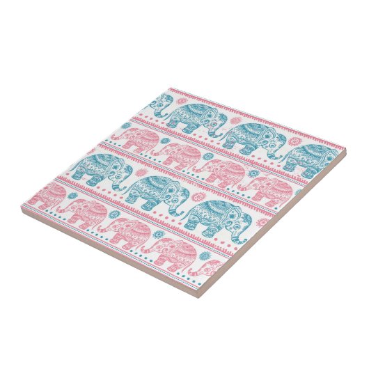 Roze en Blauwgroen etnisch olifantenpatroon Tegeltje (Zijkant)