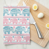 Roze en Blauwgroen etnisch olifantenpatroon Theedoek (Quarter Fold)