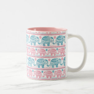Roze en Blauwgroen etnisch olifantenpatroon Tweekleurige Koffiemok