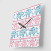 Roze en Blauwgroen etnisch olifantenpatroon Vierkante Klok (Hoek)