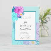 Roze en Blauwgroen Floral bruiloft uitnodigingen (Staand voorkant)
