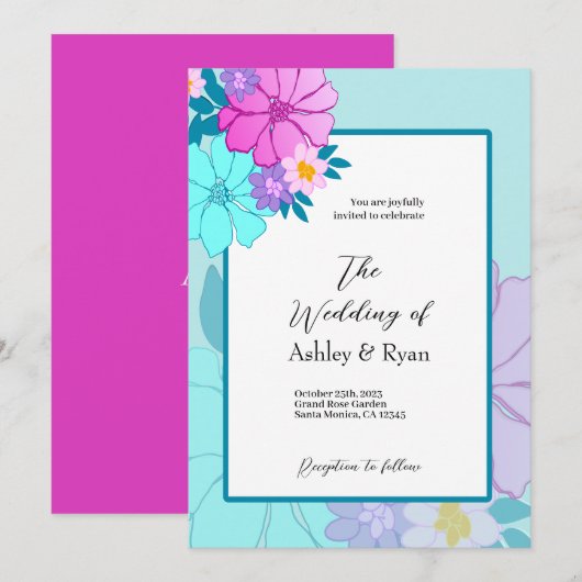 Roze en Blauwgroen Floral bruiloft uitnodigingen (Voorkant / Achterkant)