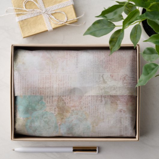 Roze en Blauwgroen Floral Ephemera Tissuepapier (Geschenk)