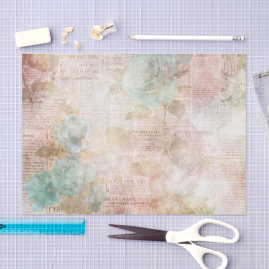 Roze en Blauwgroen Floral Ephemera Tissuepapier (Craft)