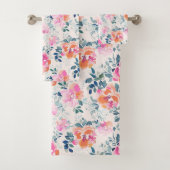 Roze en Blauwgroen Floral Patroon Bad Handdoek (Insitu)