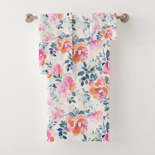 Roze en Blauwgroen Floral Patroon Bad Handdoek (Insitu)