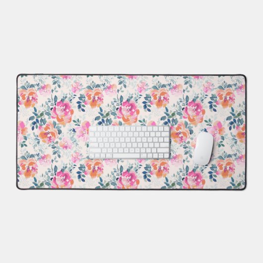 Roze en Blauwgroen Floral Patroon Bureaumat (Keyboard & Muis)