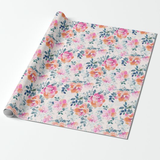 Roze en Blauwgroen Floral Patroon Cadeaupapier (Uitgerold)