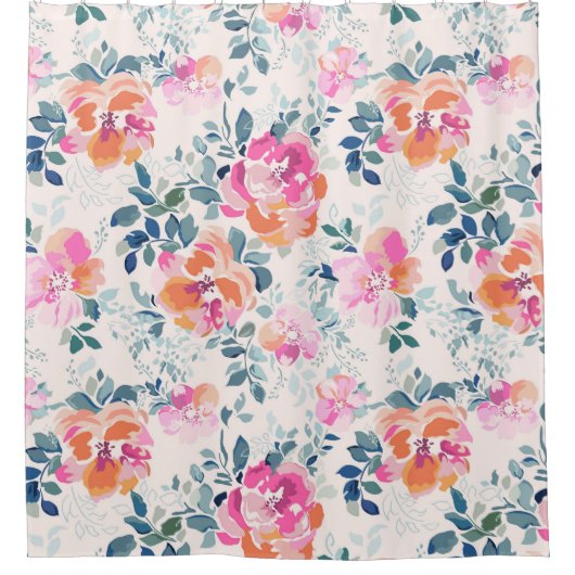 Roze en Blauwgroen Floral Patroon Douchegordijn (Voorkant)