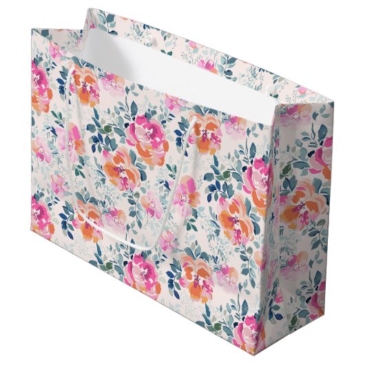 Roze en Blauwgroen Floral Patroon Groot Cadeauzakje (Voorkant Gekanteld)