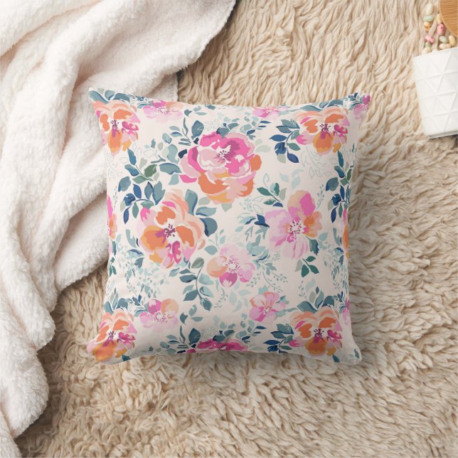 Roze en Blauwgroen Floral Patroon Kussen (Deken)