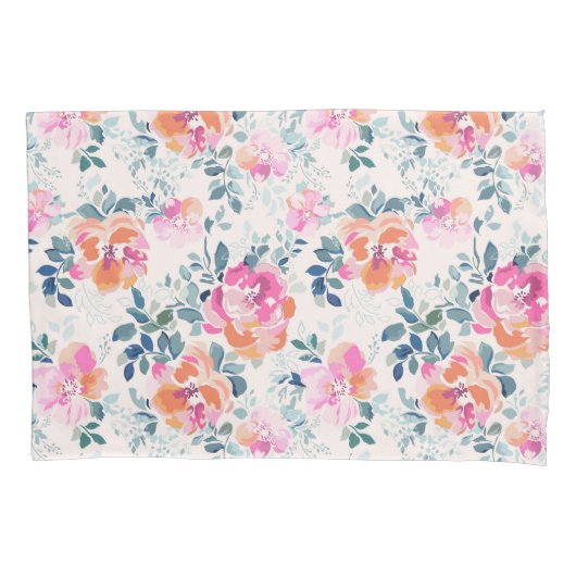 Roze en Blauwgroen Floral Patroon Kussensloop (Voorkant)