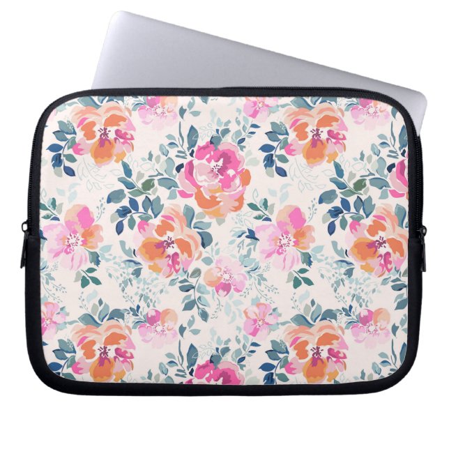 Roze en Blauwgroen Floral Patroon Laptop Sleeve (Voorkant)