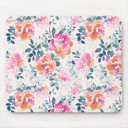 Roze en Blauwgroen Floral Patroon Muismat (Voorkant)
