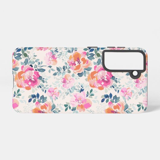 Roze en Blauwgroen Floral Patroon Samsung Galaxy Hoesje (Achterkant horizontaal)