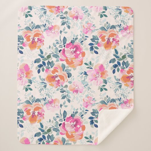 Roze en Blauwgroen Floral Patroon Sherpa Deken (Voorkant)