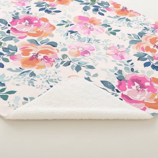 Roze en Blauwgroen Floral Patroon Sherpa Deken (3/4)