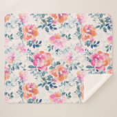 Roze en Blauwgroen Floral Patroon Sherpa Deken (Voorkant (horizontaal))