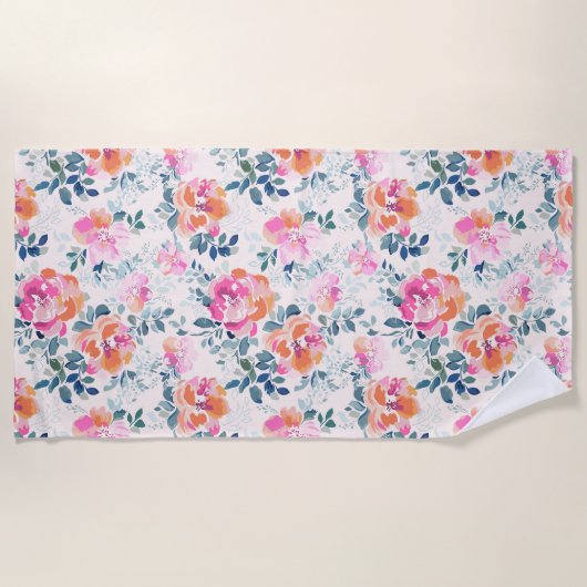 Roze en Blauwgroen Floral Patroon Strandlaken (Voorkant)