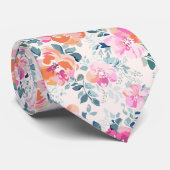 Roze en Blauwgroen Floral Patroon Stropdas (Opgerold)