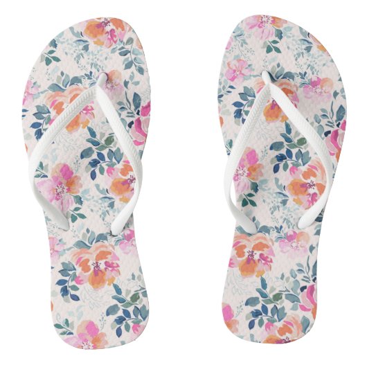 Roze en Blauwgroen Floral Patroon Teenslippers (Voetbed)