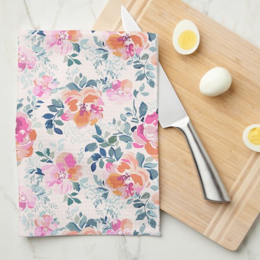 Roze en Blauwgroen Floral Patroon Theedoek (Quarter Fold)