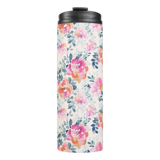 Roze en Blauwgroen Floral Patroon Thermosbeker (Voorkant)