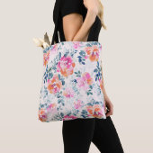 Roze en Blauwgroen Floral Patroon Tote Bag (Dichtbij)