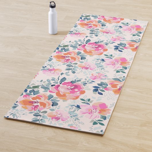 Roze en Blauwgroen Floral Patroon Yogamat (In situ)